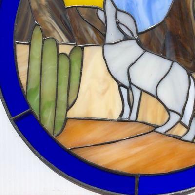 Pair 2 Southwest Style Wolf or Coyote Howling Stained Glass Windows