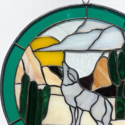 Pair 2 Southwest Style Wolf or Coyote Howling Stained Glass Windows