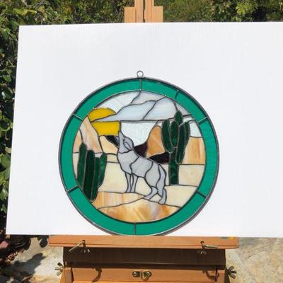 Pair 2 Southwest Style Wolf or Coyote Howling Stained Glass Windows