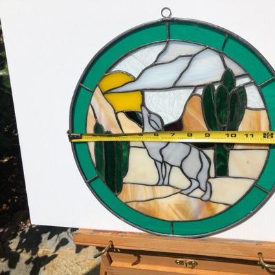 Pair 2 Southwest Style Wolf or Coyote Howling Stained Glass Windows