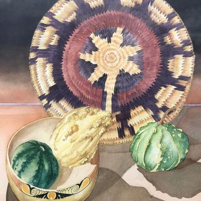 Large Southwest Style Original Watercolor Painting of Native American Basket and Squash