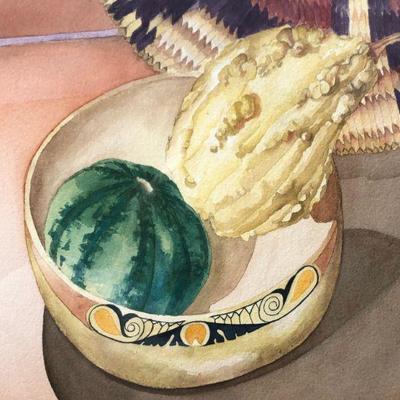 Large Southwest Style Original Watercolor Painting of Native American Basket and Squash