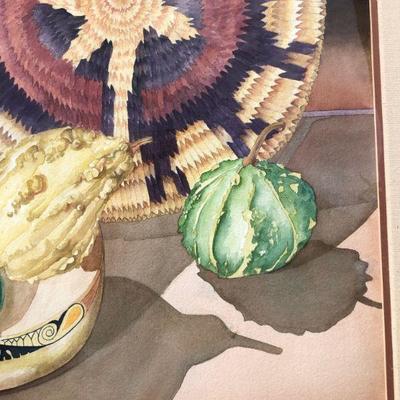 Large Southwest Style Original Watercolor Painting of Native American Basket and Squash