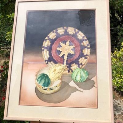 Large Southwest Style Original Watercolor Painting of Native American Basket and Squash