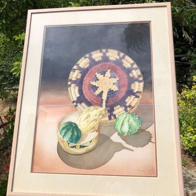 Large Southwest Style Original Watercolor Painting of Native American Basket and Squash