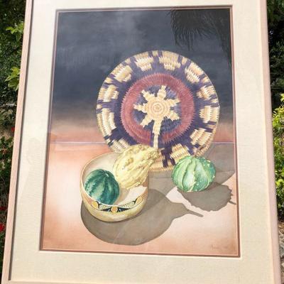 Large Southwest Style Original Watercolor Painting of Native American Basket and Squash