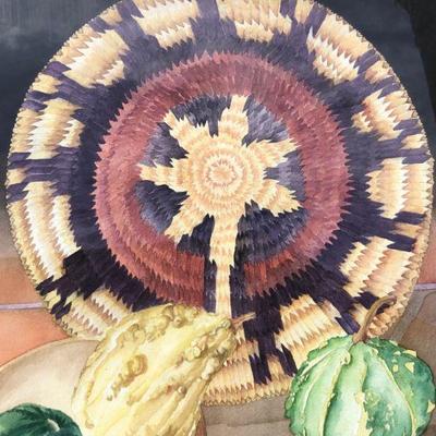 Large Southwest Style Original Watercolor Painting of Native American Basket and Squash