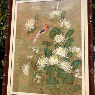 Antique Original Chinese Asian Art Ko Fung Hand Painting Bird and Flowers on Silk