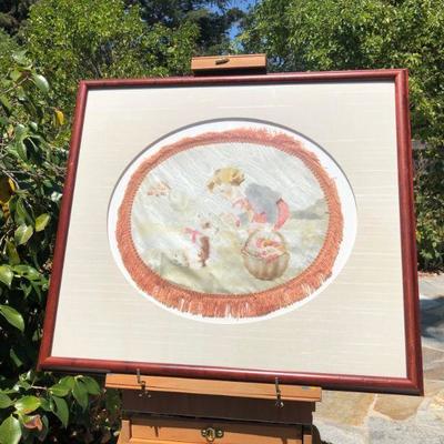Antique Hand Painted Silk with Fringe of Little Girl and Dog
