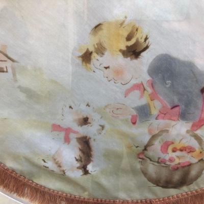 Antique Hand Painted Silk with Fringe of Little Girl and Dog