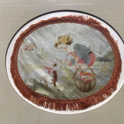 Antique Hand Painted Silk with Fringe of Little Girl and Dog