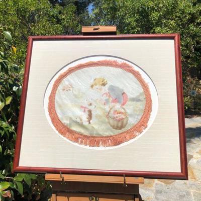 Antique Hand Painted Silk with Fringe of Little Girl and Dog