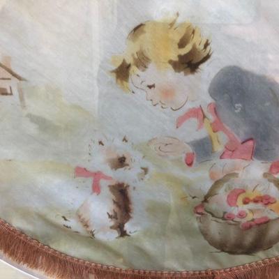 Antique Hand Painted Silk with Fringe of Little Girl and Dog