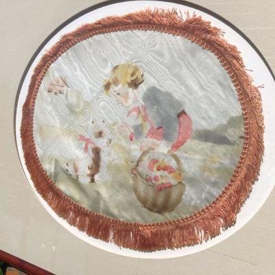 Antique Hand Painted Silk with Fringe of Little Girl and Dog
