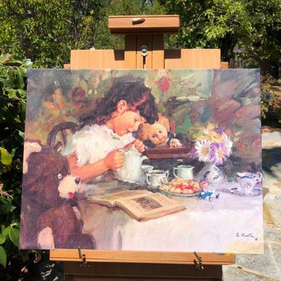 Lovely Loren Entz Tea for Three Girl and Toys Tea Party Quality Print on Canvas
