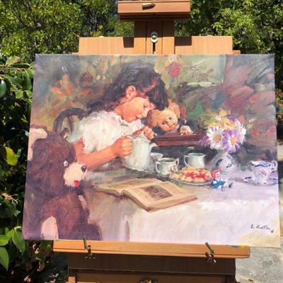 Lovely Loren Entz Tea for Three Girl and Toys Tea Party Quality Print on Canvas