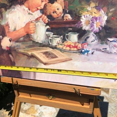 Lovely Loren Entz Tea for Three Girl and Toys Tea Party Quality Print on Canvas