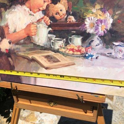Lovely Loren Entz Tea for Three Girl and Toys Tea Party Quality Print on Canvas
