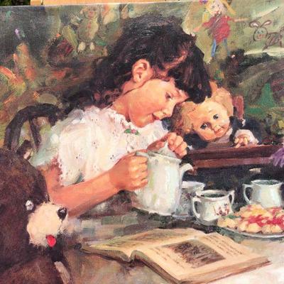 Lovely Loren Entz Tea for Three Girl and Toys Tea Party Quality Print on Canvas