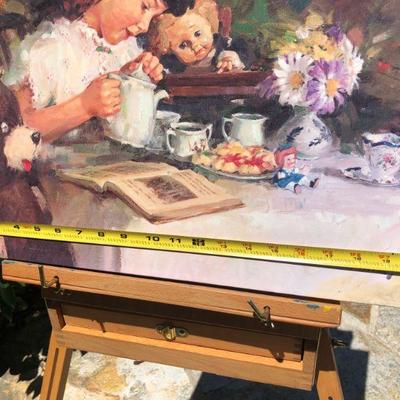Lovely Loren Entz Tea for Three Girl and Toys Tea Party Quality Print on Canvas