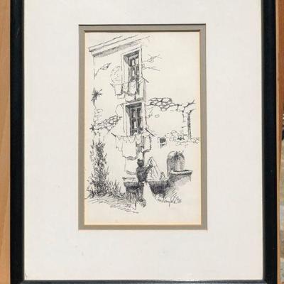 Wash Day in St Paul de France Original Black Ink on Paper by Millie Kornfeld
