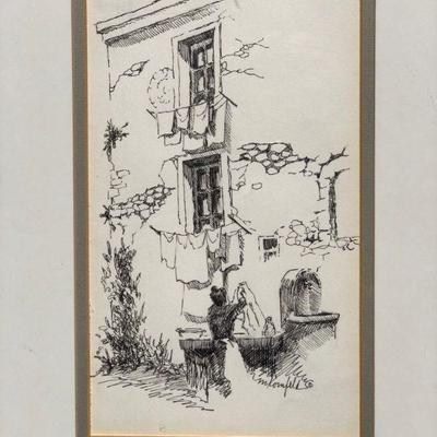 Wash Day in St Paul de France Original Black Ink on Paper by Millie Kornfeld