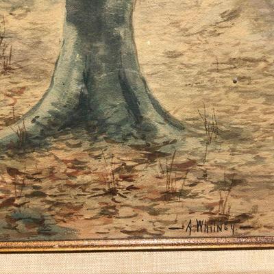 Antique Watercolor Forest Trail Original Painting by A. Whitney