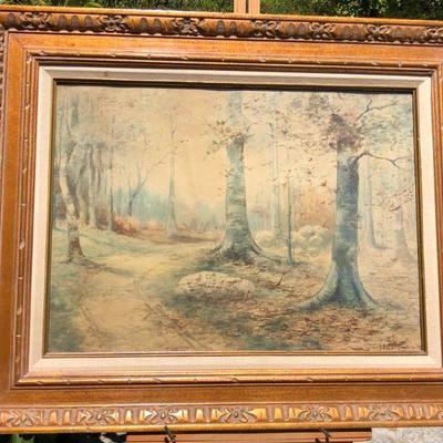 Antique Watercolor Forest Trail Original Painting by A. Whitney
