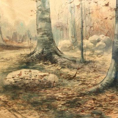 Antique Watercolor Forest Trail Original Painting by A. Whitney