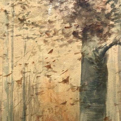 Antique Watercolor Forest Trail Original Painting by A. Whitney
