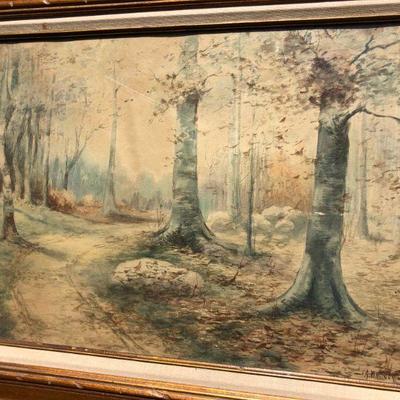 Antique Watercolor Forest Trail Original Painting by A. Whitney
