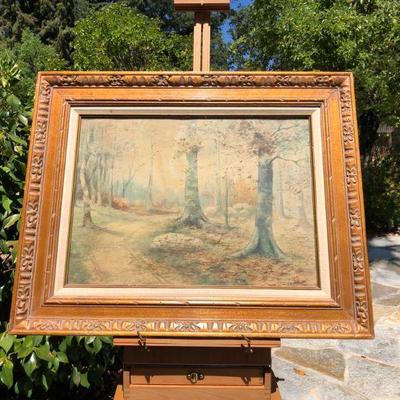 Antique Watercolor Forest Trail Original Painting by A. Whitney