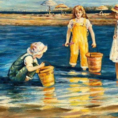 Original Painting of Children at the Beach by Robert Nelson Spencer