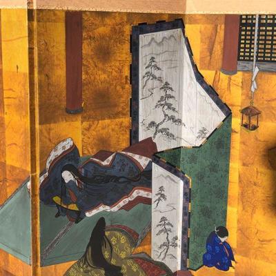 Antique Japanese Traditional Three Panel Painted Screen of Palace Scene