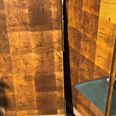 Antique Japanese Traditional Three Panel Painted Screen of Palace Scene