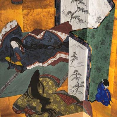 Antique Japanese Traditional Three Panel Painted Screen of Palace Scene