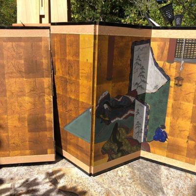 Antique Japanese Traditional Three Panel Painted Screen of Palace Scene
