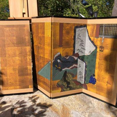 Antique Japanese Traditional Three Panel Painted Screen of Palace Scene