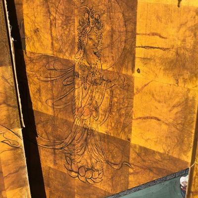 Antique Japanese Traditional Three Panel Painted Screen of Palace Scene