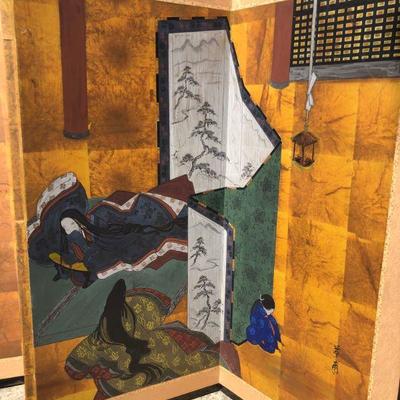 Antique Japanese Traditional Three Panel Painted Screen of Palace Scene