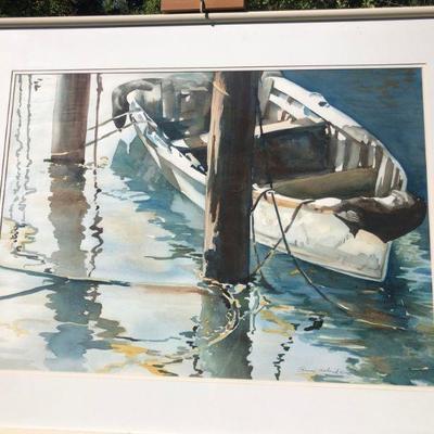 Signed Original Watercolor Boat Docked in Harbor with Reflective Water