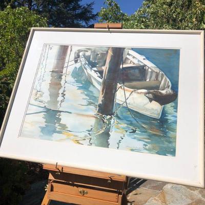 Signed Original Watercolor Boat Docked in Harbor with Reflective Water