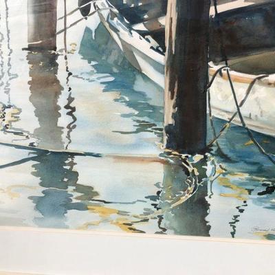 Signed Original Watercolor Boat Docked in Harbor with Reflective Water