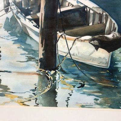 Signed Original Watercolor Boat Docked in Harbor with Reflective Water
