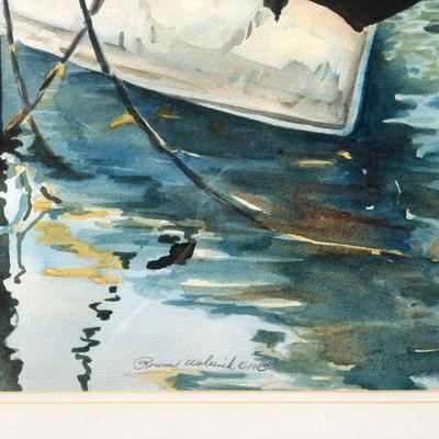 Signed Original Watercolor Boat Docked in Harbor with Reflective Water