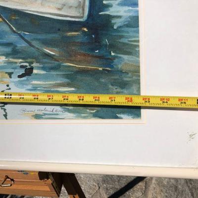 Signed Original Watercolor Boat Docked in Harbor with Reflective Water