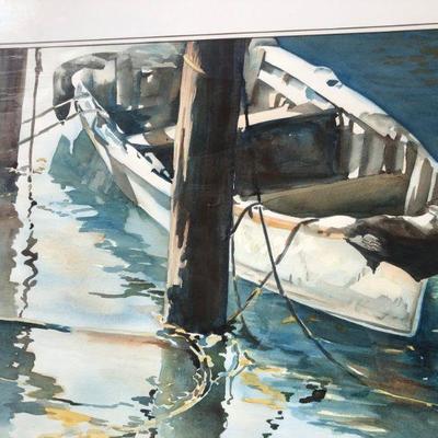 Signed Original Watercolor Boat Docked in Harbor with Reflective Water