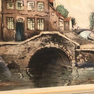Signed Original European Watercolor Painting of Historic City on Water