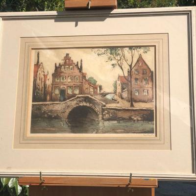 Signed Original European Watercolor Painting of Historic City on Water