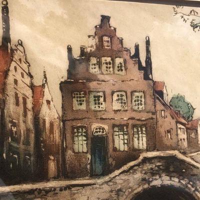 Signed Original European Watercolor Painting of Historic City on Water
